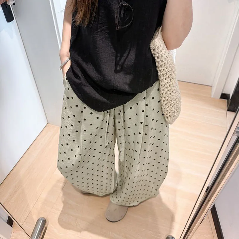 Women's Breathable Linen Polka Dot Banana Pants Summer Casual Trousers Elastic Waist Drawstring Wide-Leg Pants