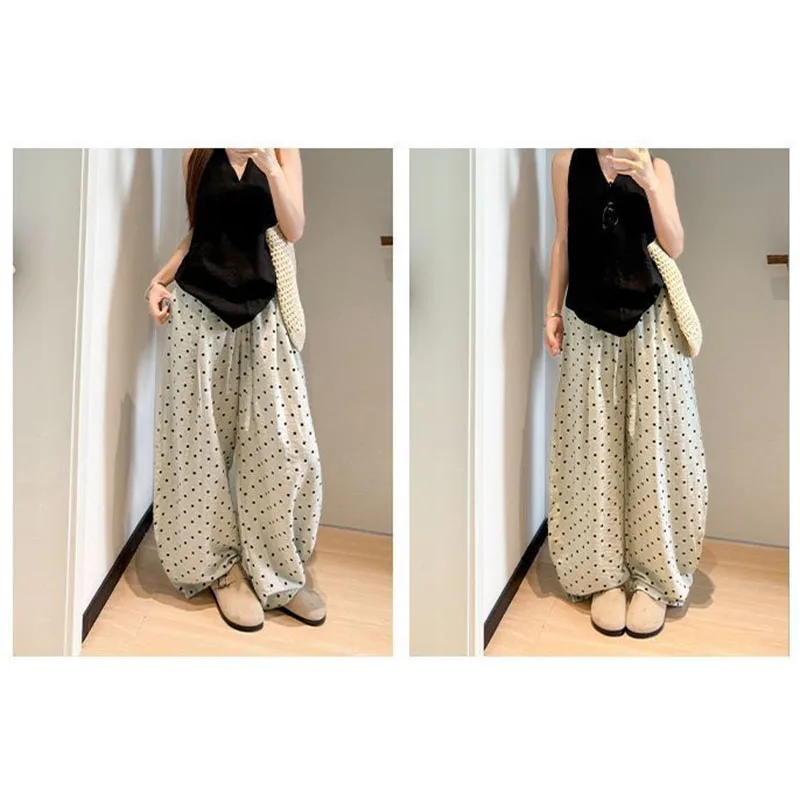 Women's Breathable Linen Polka Dot Banana Pants Summer Casual Trousers Elastic Waist Drawstring Wide-Leg Pants