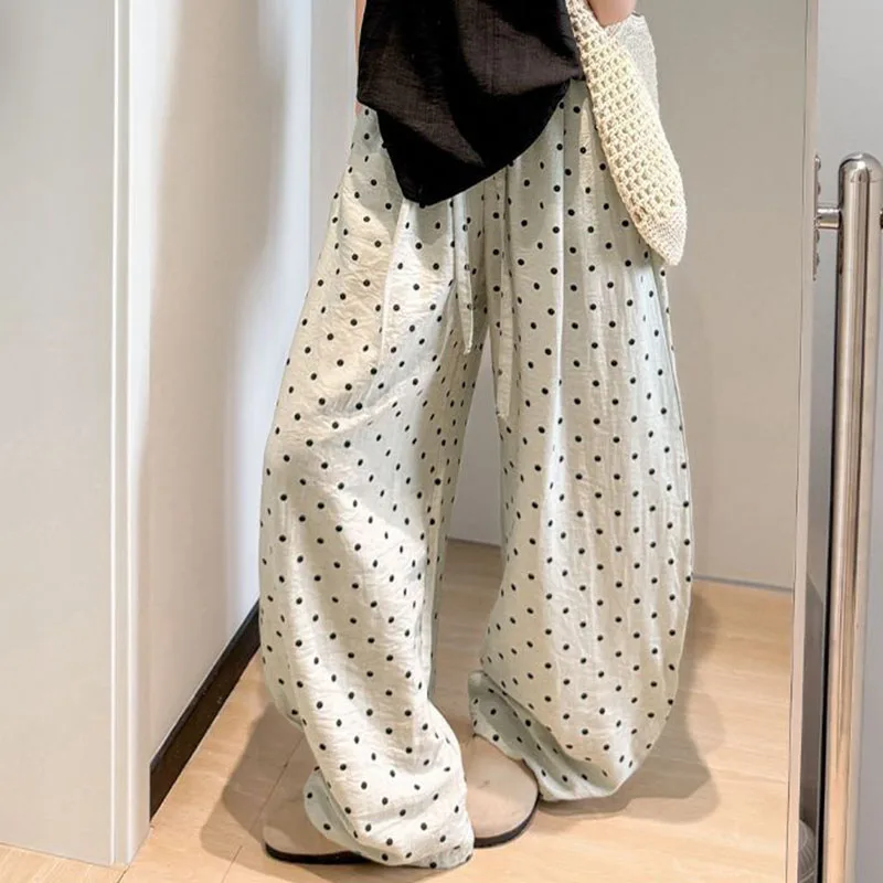 Women's Breathable Linen Polka Dot Banana Pants Summer Casual Trousers Elastic Waist Drawstring Wide-Leg Pants