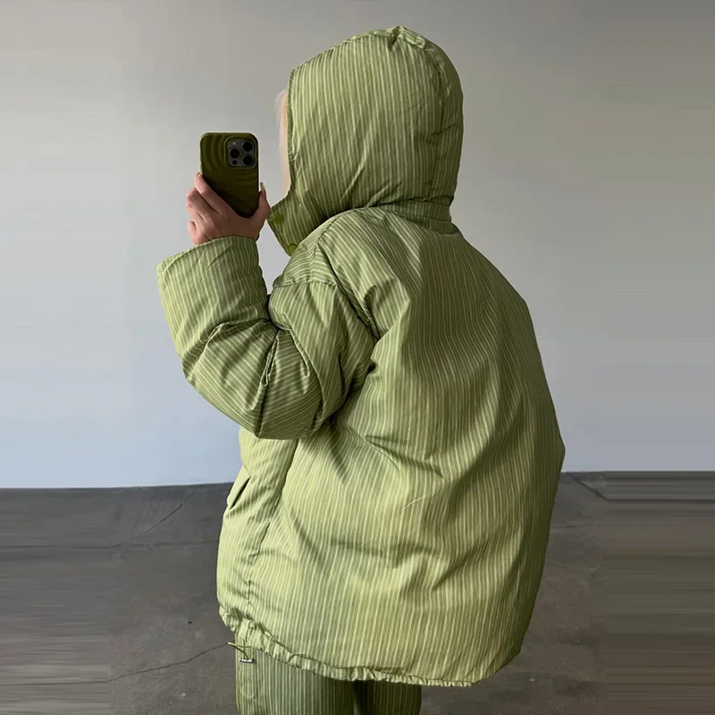 Warm Striped Cotton Coats Pants Set Women's Hooded Stand Collar Zipper Quilted Coat Elastic Waist Trousers 2026 Winter Outfits