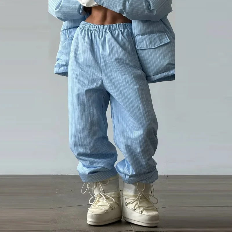 Warm Striped Cotton Coats Pants Set Women's Hooded Stand Collar Zipper Quilted Coat Elastic Waist Trousers 2026 Winter Outfits