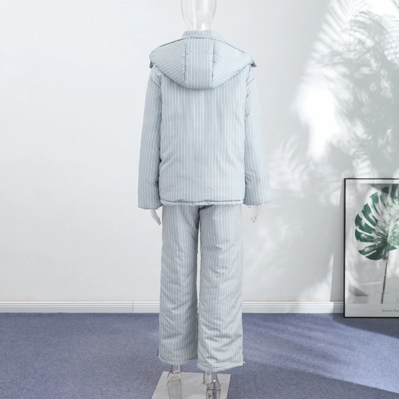 Warm Striped Cotton Coats Pants Set Women's Hooded Stand Collar Zipper Quilted Coat Elastic Waist Trousers 2026 Winter Outfits