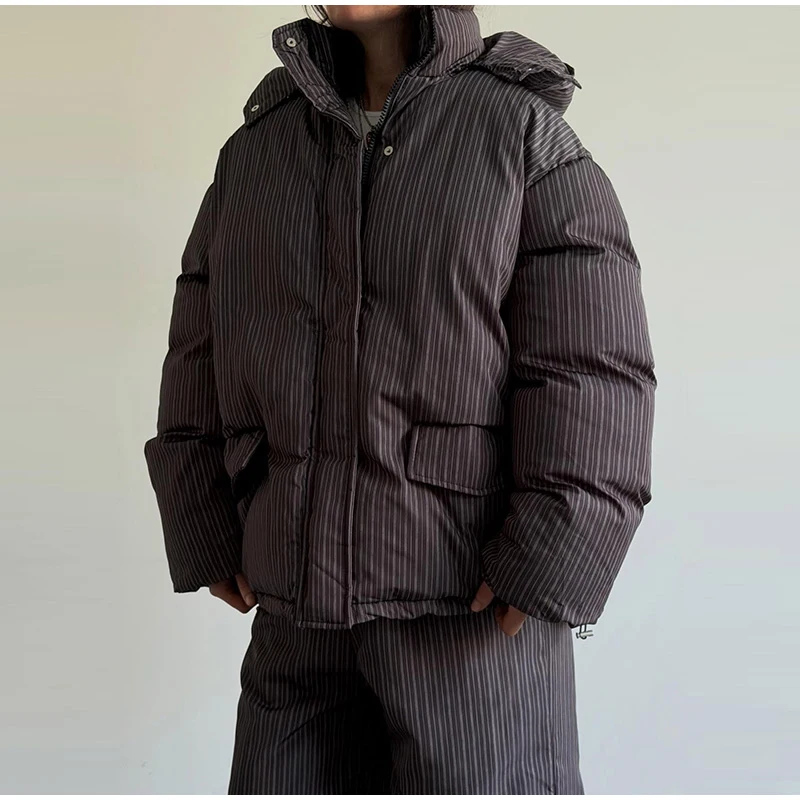 Warm Striped Cotton Coats Pants Set Women's Hooded Stand Collar Zipper Quilted Coat Elastic Waist Trousers 2026 Winter Outfits