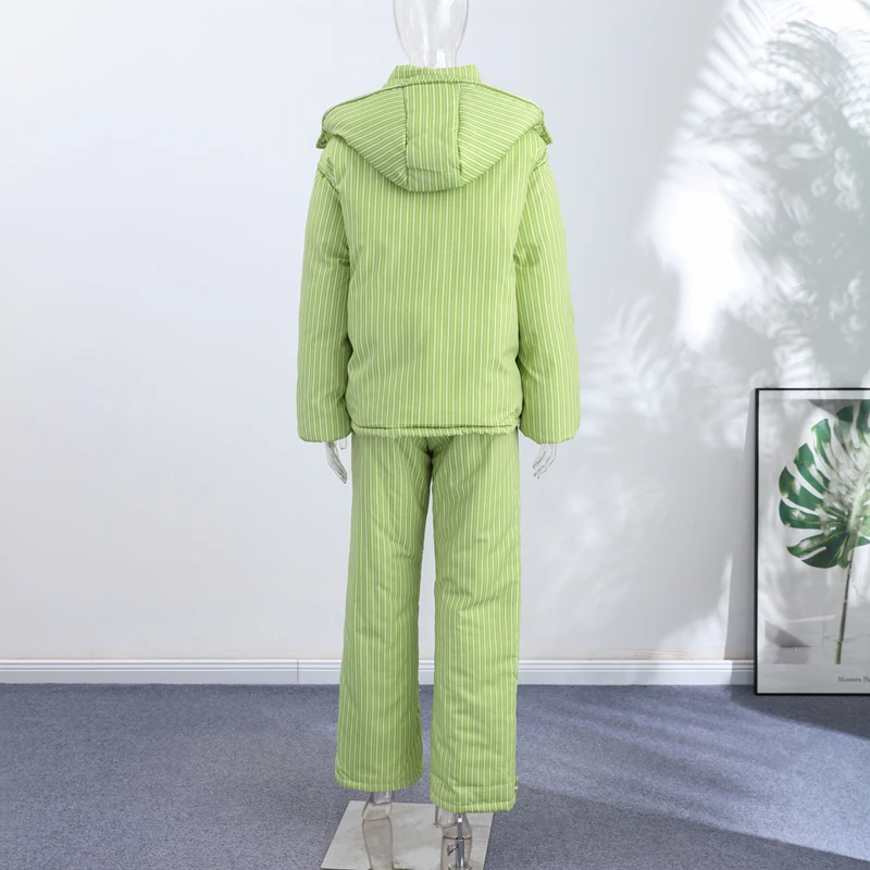Warm Striped Cotton Coats Pants Set Women's Hooded Stand Collar Zipper Quilted Coat Elastic Waist Trousers 2026 Winter Outfits