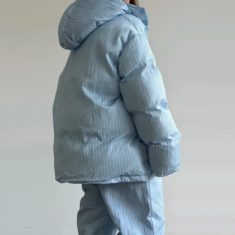 Warm Striped Cotton Coats Pants Set Women's Hooded Stand Collar Zipper Quilted Coat Elastic Waist Trousers 2026 Winter Outfits