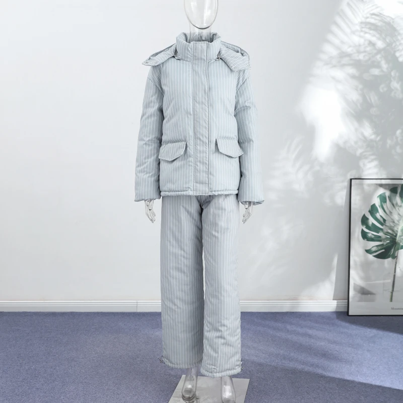 Warm Striped Cotton Coats Pants Set Women's Hooded Stand Collar Zipper Quilted Coat Elastic Waist Trousers 2026 Winter Outfits
