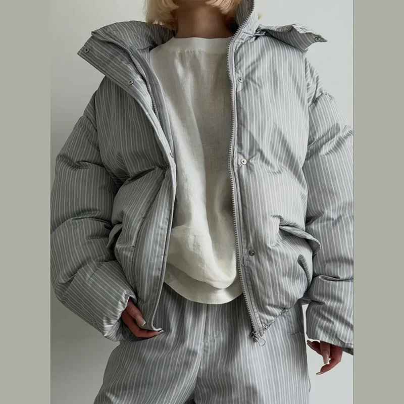 Warm Striped Cotton Coats Pants Set Women's Hooded Stand Collar Zipper Quilted Coat Elastic Waist Trousers 2026 Winter Outfits