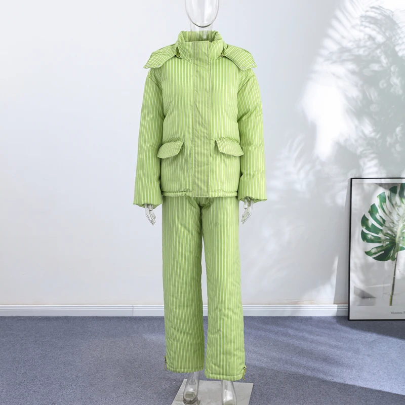 Warm Striped Cotton Coats Pants Set Women's Hooded Stand Collar Zipper Quilted Coat Elastic Waist Trousers 2026 Winter Outfits