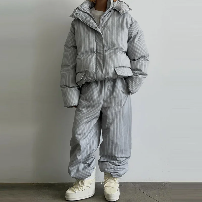 Warm Striped Cotton Coats Pants Set Women's Hooded Stand Collar Zipper Quilted Coat Elastic Waist Trousers 2026 Winter Outfits