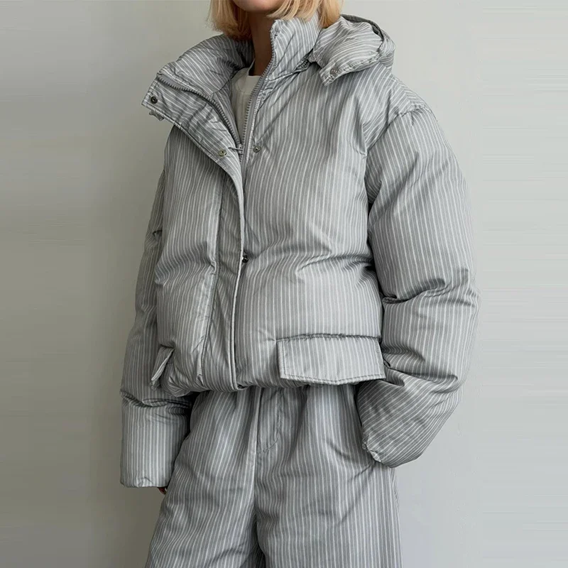 Warm Striped Cotton Coats Pants Set Women's Hooded Stand Collar Zipper Quilted Coat Elastic Waist Trousers 2026 Winter Outfits