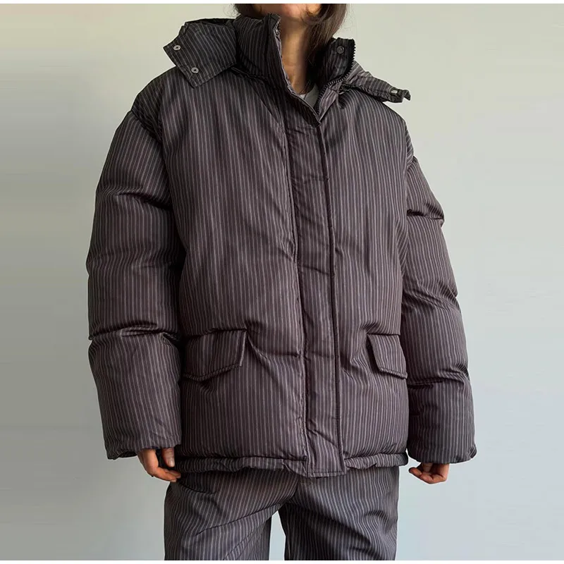 Warm Striped Cotton Coats Pants Set Women's Hooded Stand Collar Zipper Quilted Coat Elastic Waist Trousers 2026 Winter Outfits