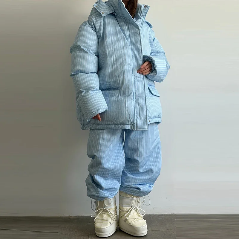 Warm Striped Cotton Coats Pants Set Women's Hooded Stand Collar Zipper Quilted Coat Elastic Waist Trousers 2026 Winter Outfits