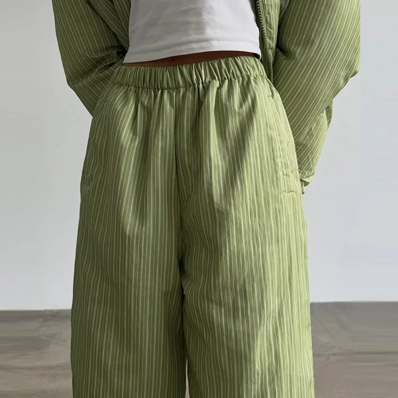 Warm Striped Cotton Coats Pants Set Women's Hooded Stand Collar Zipper Quilted Coat Elastic Waist Trousers 2026 Winter Outfits