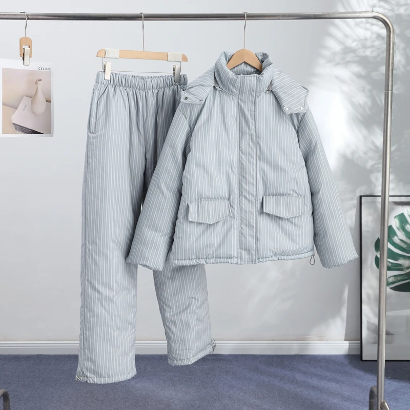 Warm Striped Cotton Coats Pants Set Women's Hooded Stand Collar Zipper Quilted Coat Elastic Waist Trousers 2026 Winter Outfits