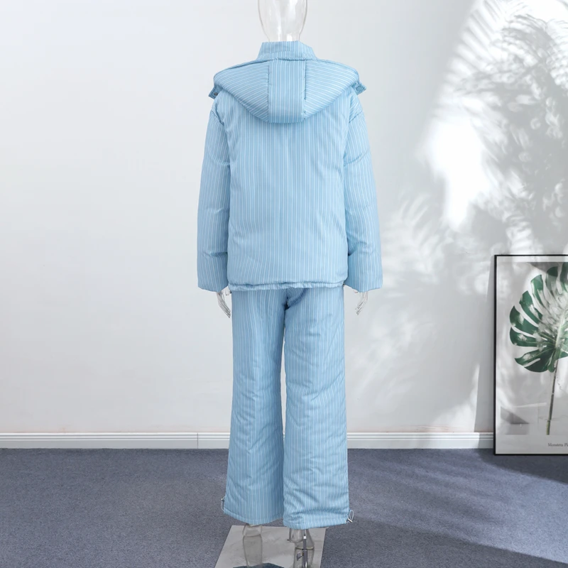 Warm Striped Cotton Coats Pants Set Women's Hooded Stand Collar Zipper Quilted Coat Elastic Waist Trousers 2026 Winter Outfits