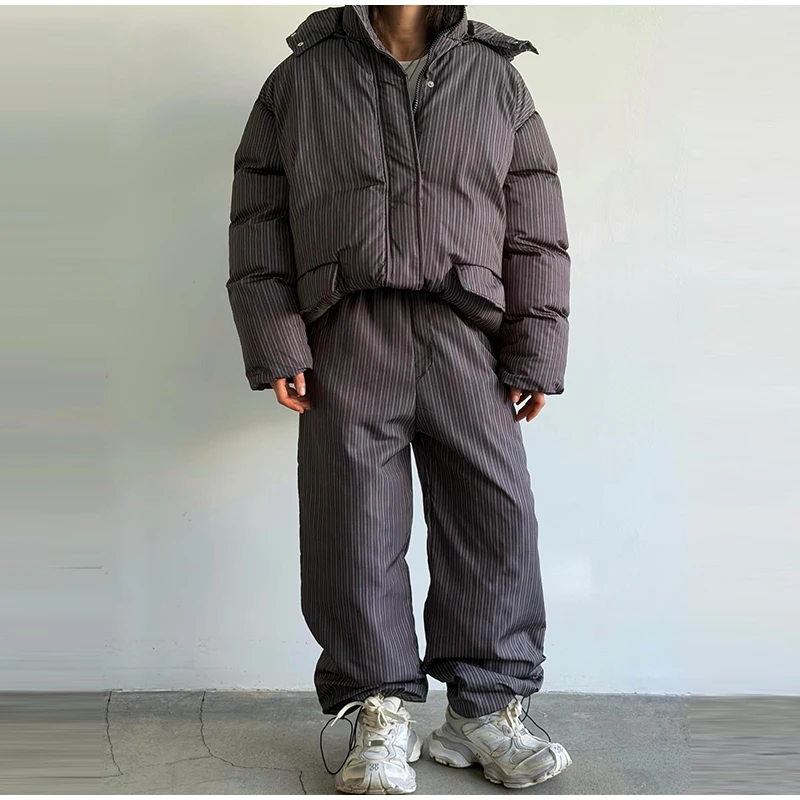 Warm Striped Cotton Coats Pants Set Women's Hooded Stand Collar Zipper Quilted Coat Elastic Waist Trousers 2026 Winter Outfits