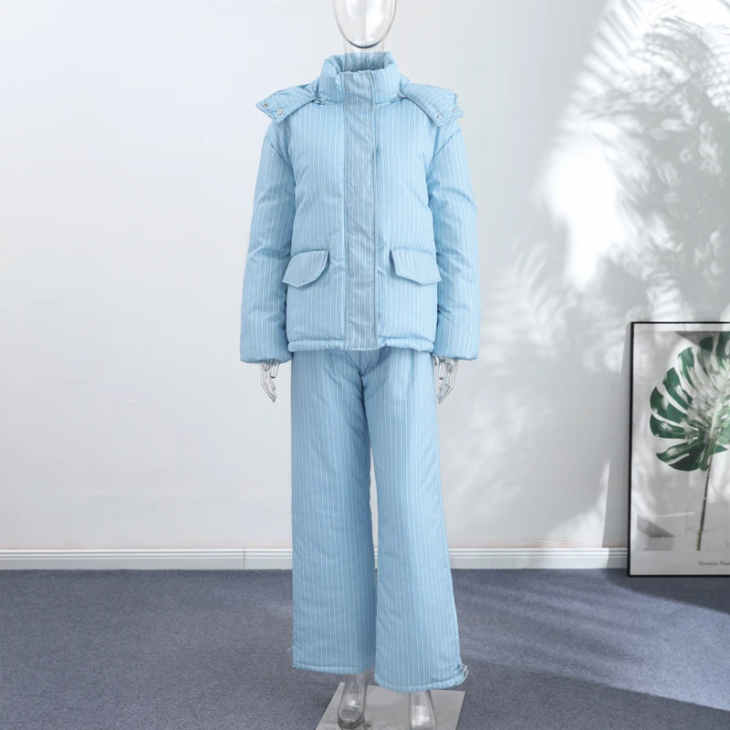 Warm Striped Cotton Coats Pants Set Women's Hooded Stand Collar Zipper Quilted Coat Elastic Waist Trousers 2026 Winter Outfits