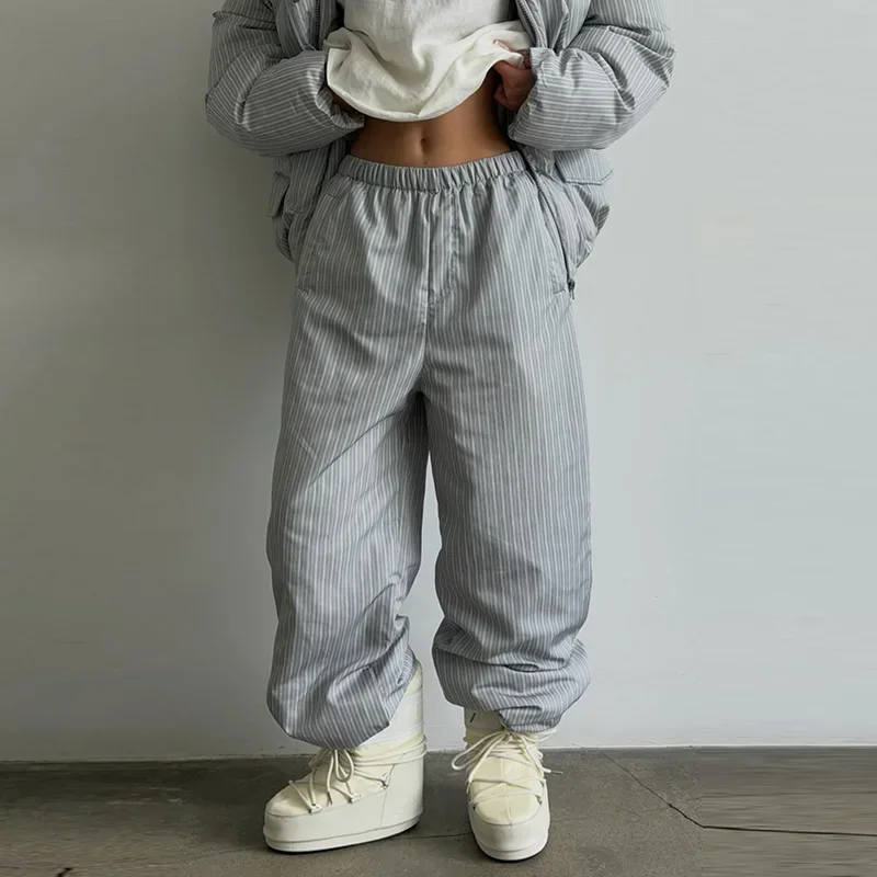 Warm Striped Cotton Coats Pants Set Women's Hooded Stand Collar Zipper Quilted Coat Elastic Waist Trousers 2026 Winter Outfits
