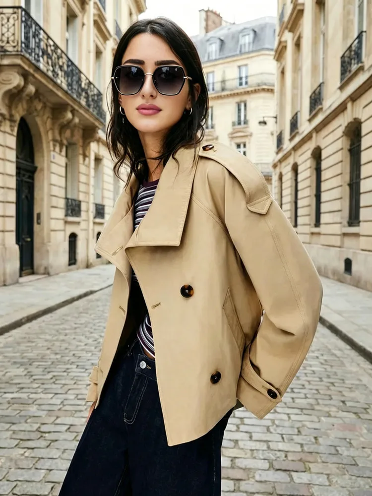 Belted Waist Cropped Trench Jackets Women Double Breasted Stand Collar Coats 2025 Autumn Chic Casual Vintage Jacket Women Cloth