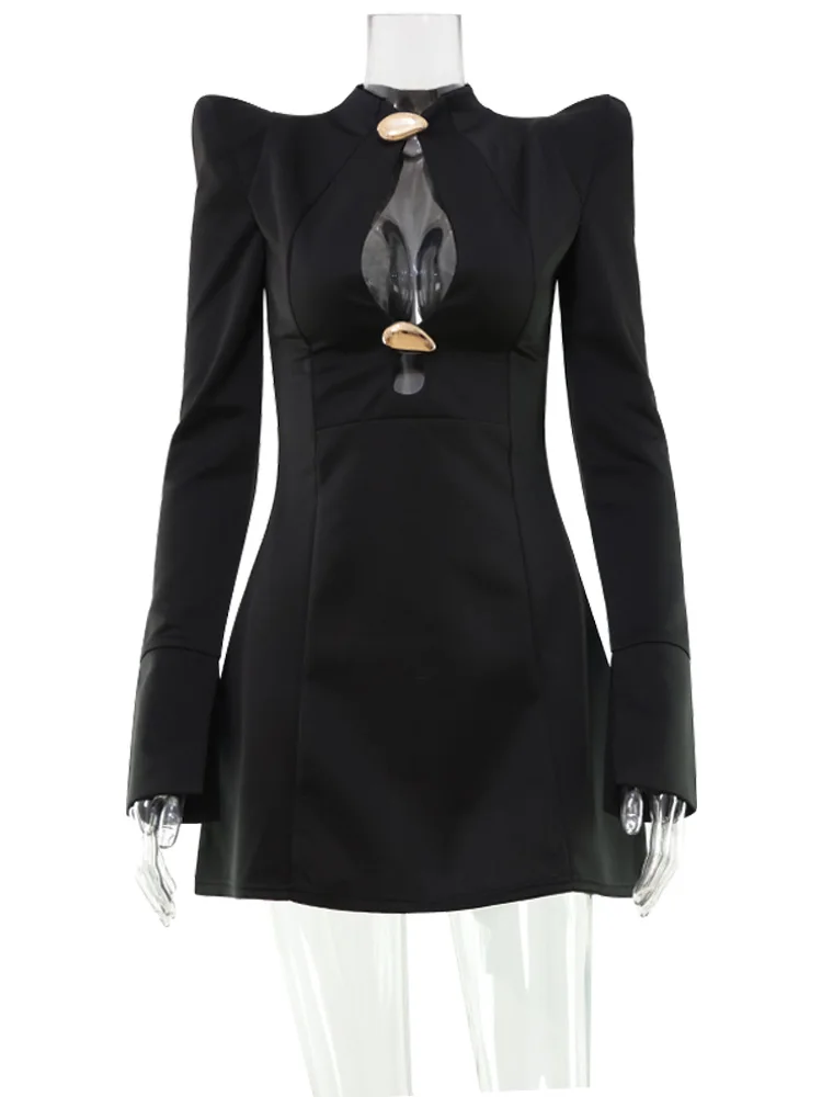 Ahagaga Elegant Women's Mini Dresses Solid Sexy Bodycon Slim Fit Hollow Out Regular Long Flare Sleeve A Line Trend Casual Female