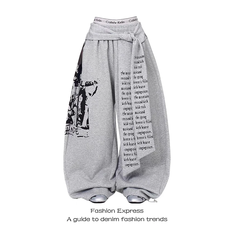 ZHIZOU Women Gray Gothic Baggy Y2k Letter Print Pants Harajuku 2000s Vintage Oversize Sweatpants Wide Leg Trousers Autumn 2025