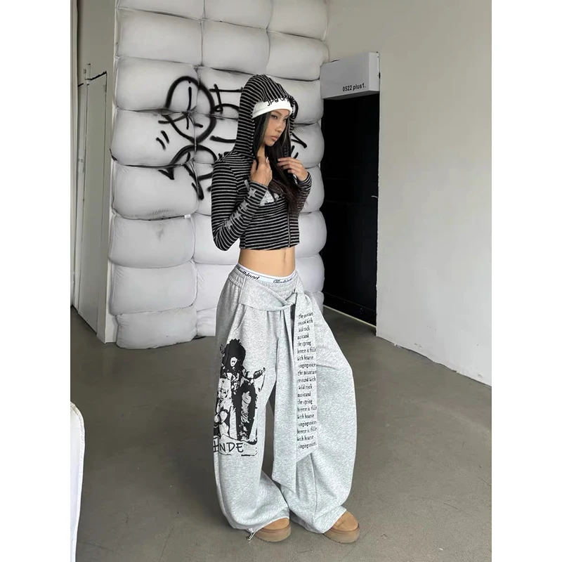 ZHIZOU Women Gray Gothic Baggy Y2k Letter Print Pants Harajuku 2000s Vintage Oversize Sweatpants Wide Leg Trousers Autumn 2025