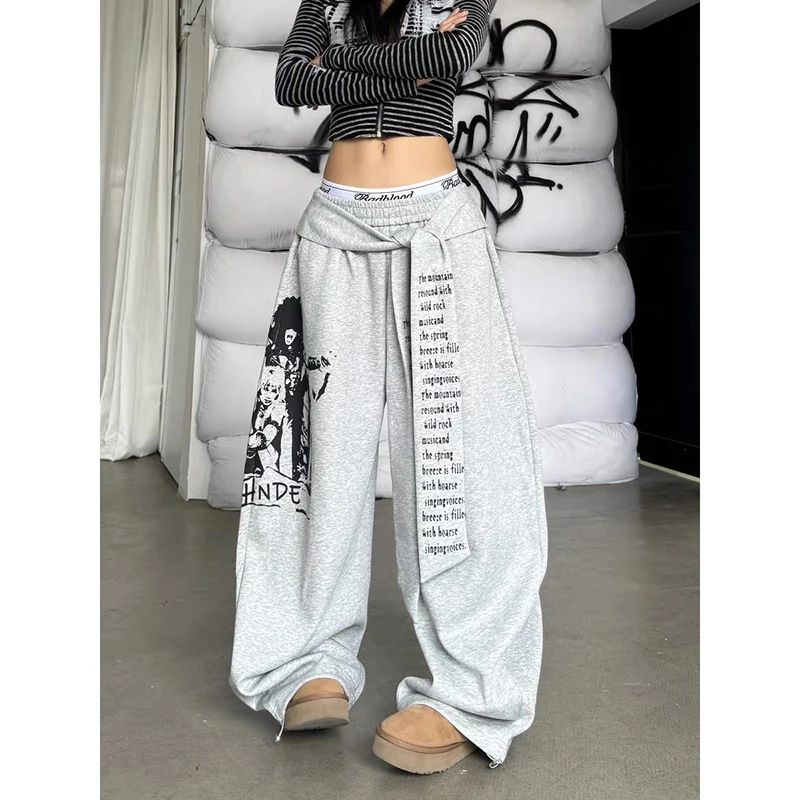 ZHIZOU Women Gray Gothic Baggy Y2k Letter Print Pants Harajuku 2000s Vintage Oversize Sweatpants Wide Leg Trousers Autumn 2025