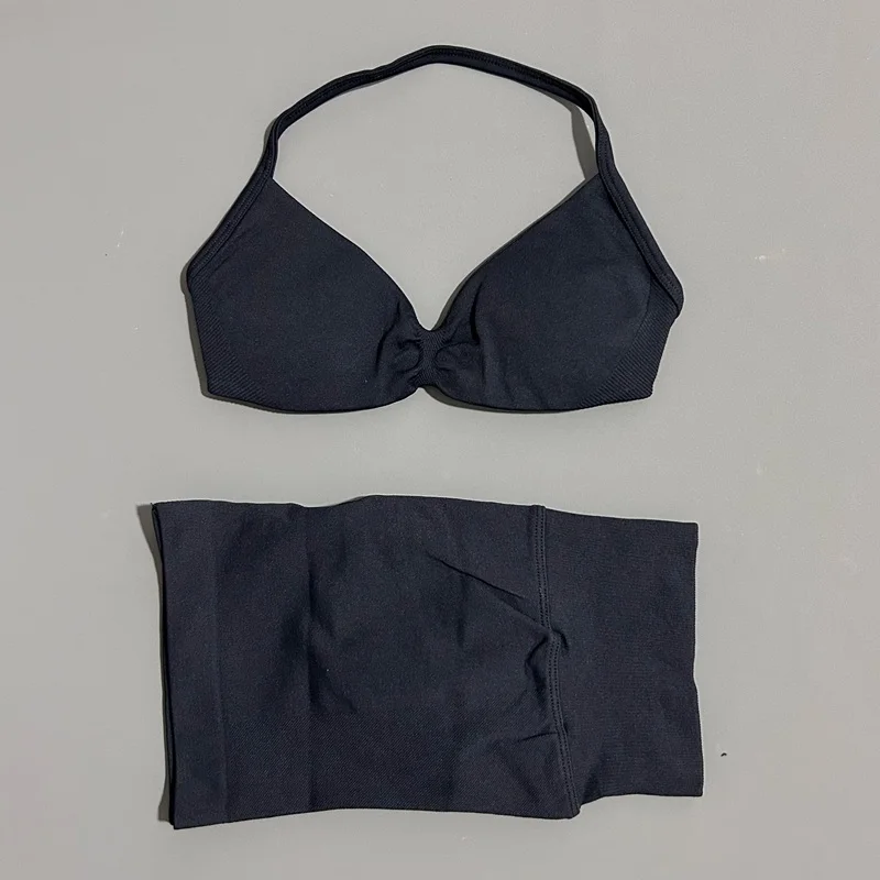 HISTELLO Gym Set 2 Piece Women Strappy Yoga Bra Top Workout Scrunch Shorts Sports Suit Fitness Clothes Seamless Yoga Set