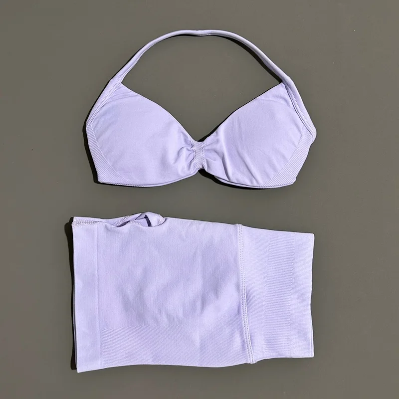 HISTELLO Gym Set 2 Piece Women Strappy Yoga Bra Top Workout Scrunch Shorts Sports Suit Fitness Clothes Seamless Yoga Set