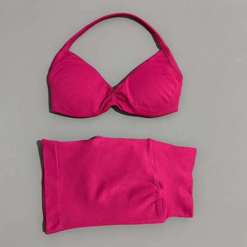 HISTELLO Gym Set 2 Piece Women Strappy Yoga Bra Top Workout Scrunch Shorts Sports Suit Fitness Clothes Seamless Yoga Set