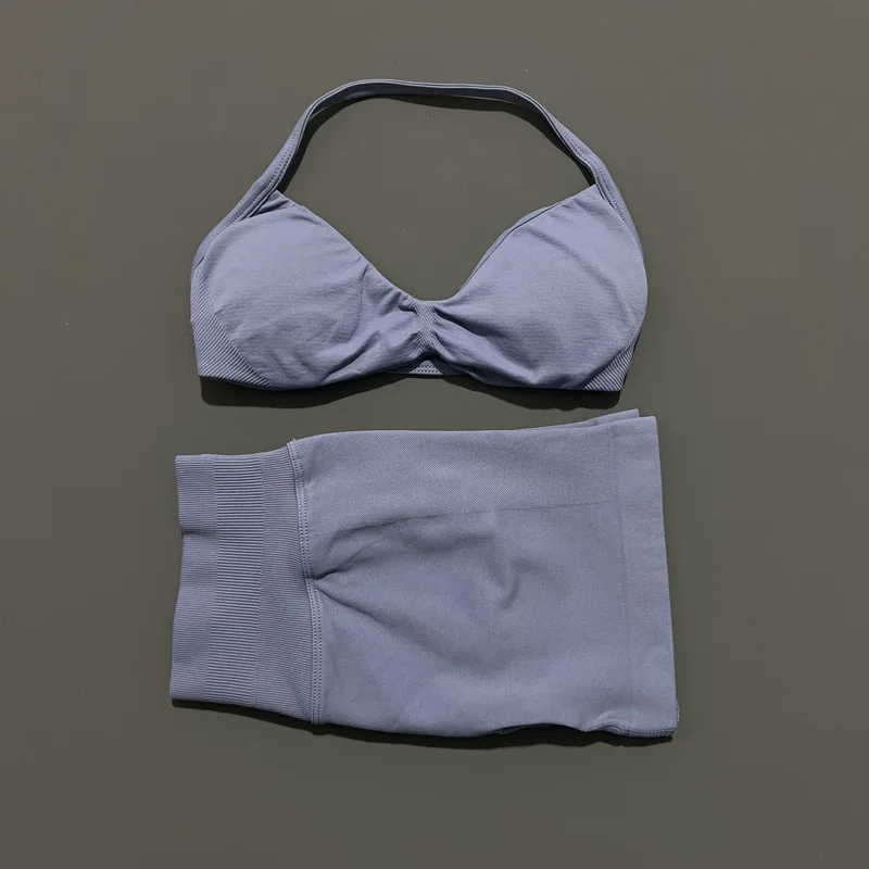 HISTELLO Gym Set 2 Piece Women Strappy Yoga Bra Top Workout Scrunch Shorts Sports Suit Fitness Clothes Seamless Yoga Set