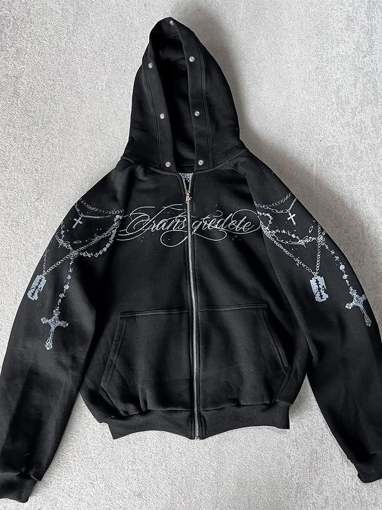 Winter Fashion Streetwear Women's Gothic Punk Faux Fur Hooded Jacket With Cross Print Trendy Edgy Zip - Up Sweatshirt 2026 New