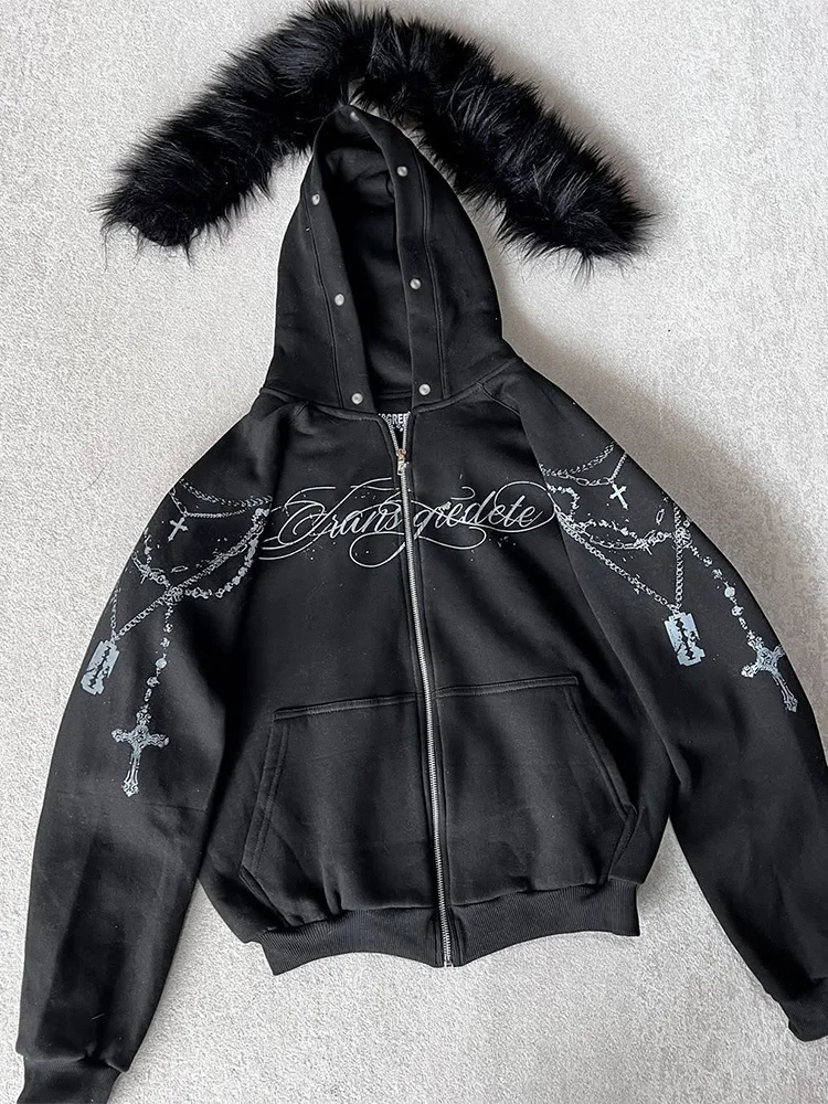 Winter Fashion Streetwear Women's Gothic Punk Faux Fur Hooded Jacket With Cross Print Trendy Edgy Zip - Up Sweatshirt 2026 New