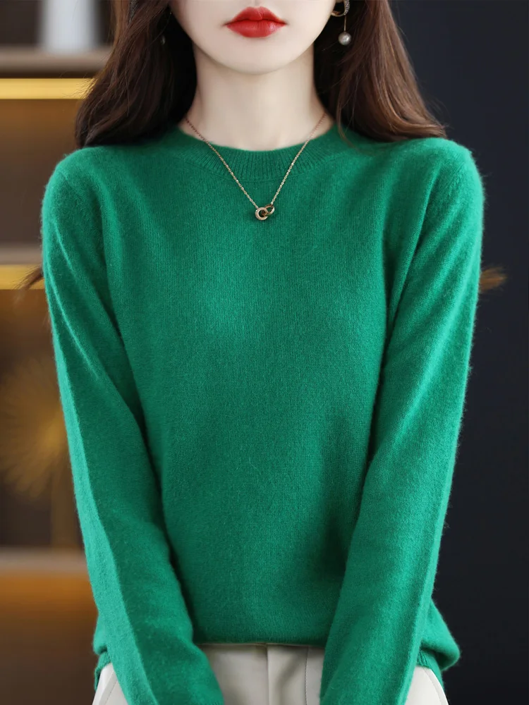 Fashion 100% Merino Wool Sweater Elegant Cashmere Pullover Women O-Neck Long Sleeve Knitwear Basic Clothing  Jumper Tops