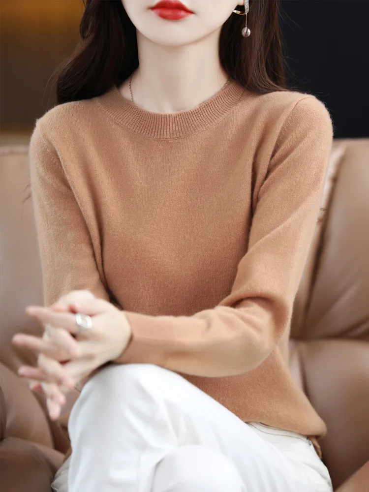 Fashion 100% Merino Wool Sweater Elegant Cashmere Pullover Women O-Neck Long Sleeve Knitwear Basic Clothing  Jumper Tops