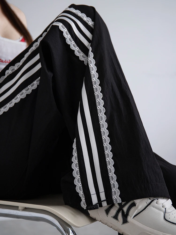 Korean Lace Patchwork Women's Trousers, Side Stripe Webbing Wide-Leg Pants, Casual Baggy Sweatpants, Women's Pants Trend 2026