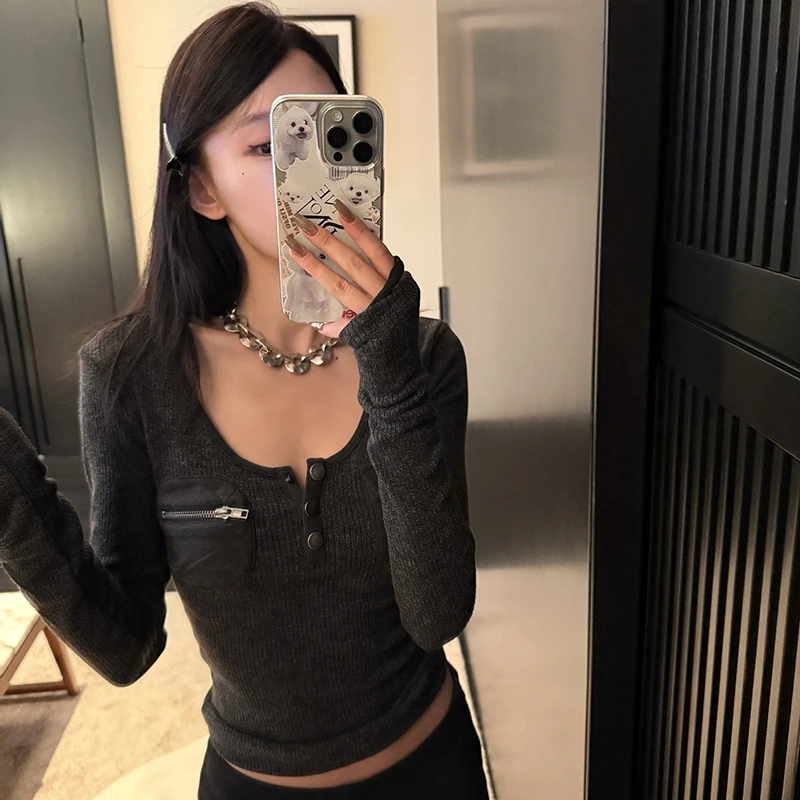 Tonngirls Harajuku Vintage T Shirt Women Long Sleeve Skinny Y2k American Retro 90s Crop Tops Streetwear Basci Tee Tops Autumn