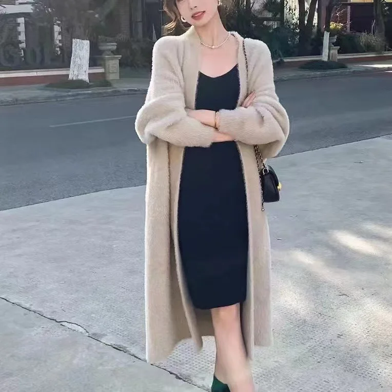 Autumn and winter loose and lazy style open knit coat, thick knee length imitation mink fur long sleeved sweater, warm jacket