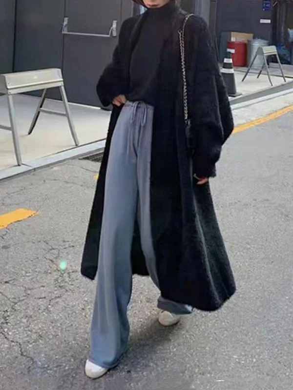 Autumn and winter loose and lazy style open knit coat, thick knee length imitation mink fur long sleeved sweater, warm jacket