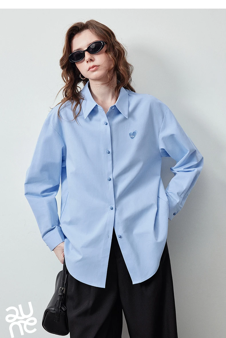 TOYOUTH Women's Color Block Heart Embroidery Blouse 2026 Summer New Pure Cotton Loose Button Down Morandi Color Daily Wear Top