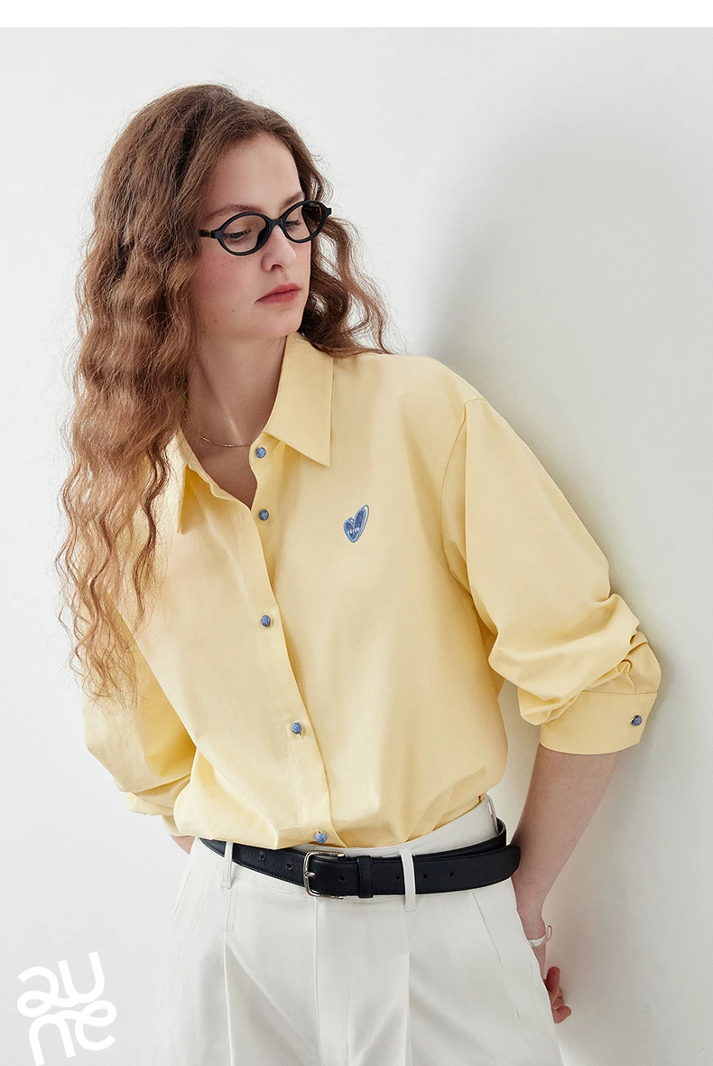 TOYOUTH Women's Color Block Heart Embroidery Blouse 2026 Summer New Pure Cotton Loose Button Down Morandi Color Daily Wear Top