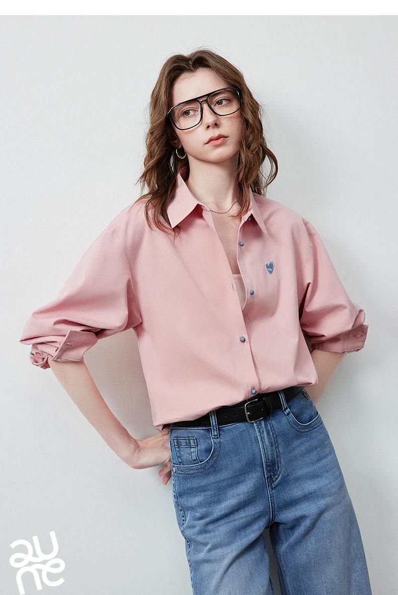 TOYOUTH Women's Color Block Heart Embroidery Blouse 2026 Summer New Pure Cotton Loose Button Down Morandi Color Daily Wear Top