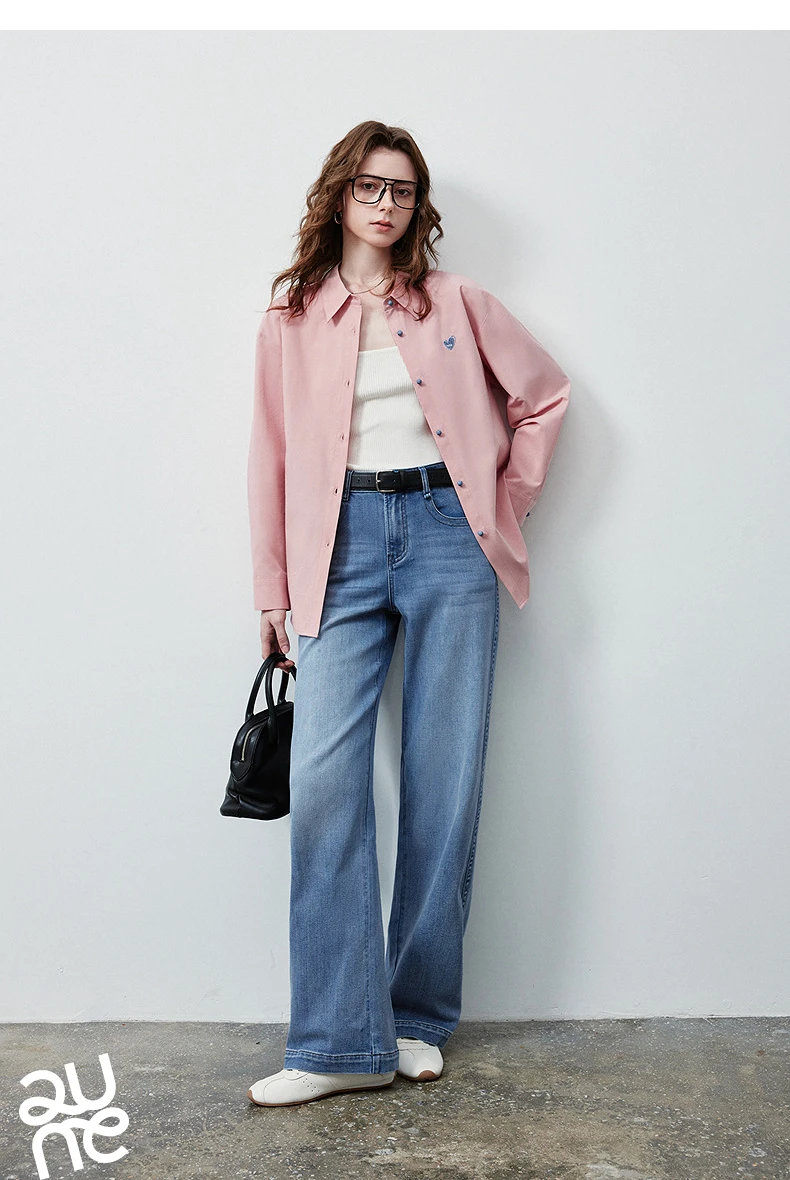TOYOUTH Women's Color Block Heart Embroidery Blouse 2026 Summer New Pure Cotton Loose Button Down Morandi Color Daily Wear Top