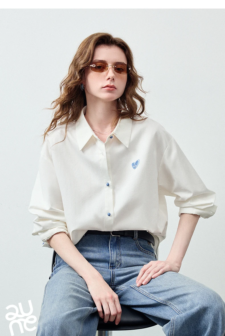 TOYOUTH Women's Color Block Heart Embroidery Blouse 2026 Summer New Pure Cotton Loose Button Down Morandi Color Daily Wear Top