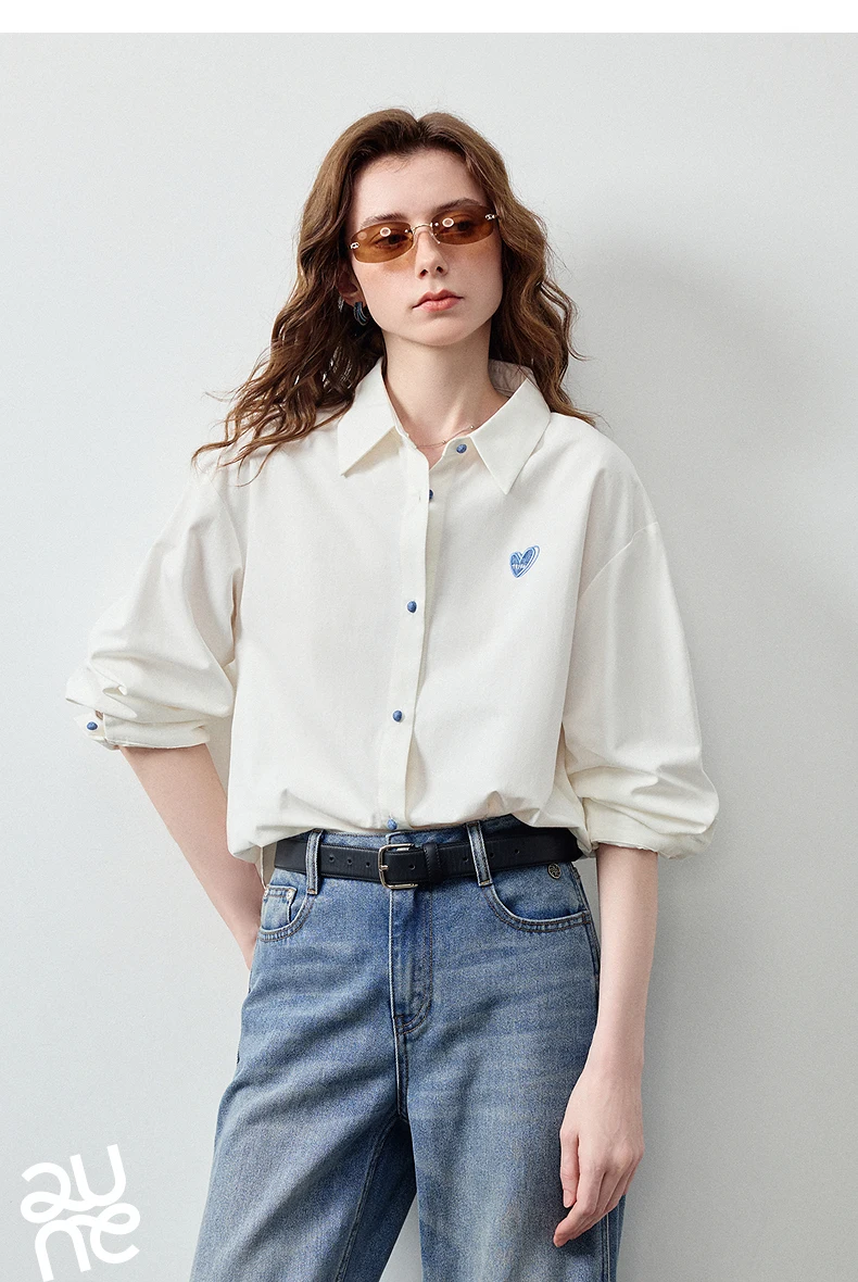 TOYOUTH Women's Color Block Heart Embroidery Blouse 2026 Summer New Pure Cotton Loose Button Down Morandi Color Daily Wear Top