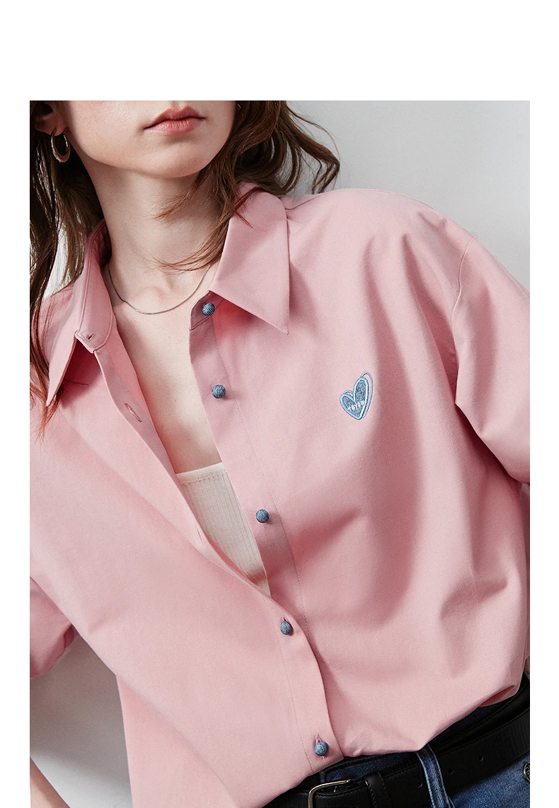 TOYOUTH Women's Color Block Heart Embroidery Blouse 2026 Summer New Pure Cotton Loose Button Down Morandi Color Daily Wear Top