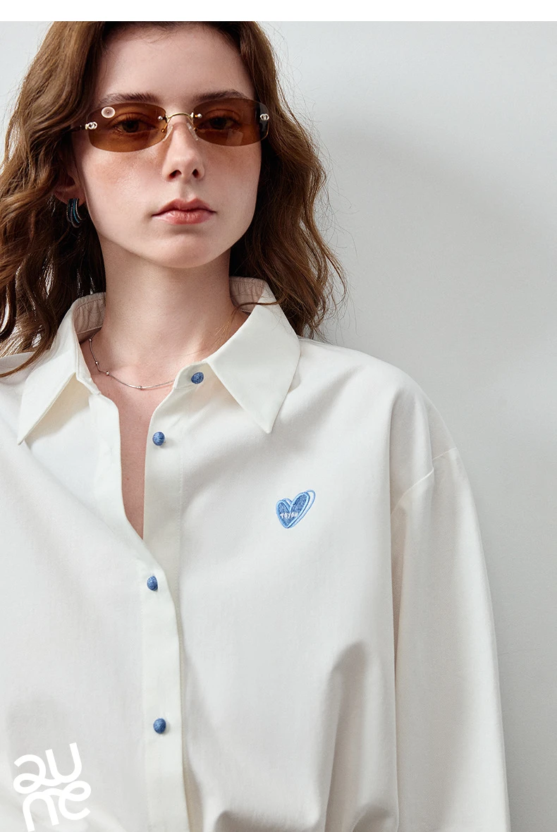 TOYOUTH Women's Color Block Heart Embroidery Blouse 2026 Summer New Pure Cotton Loose Button Down Morandi Color Daily Wear Top