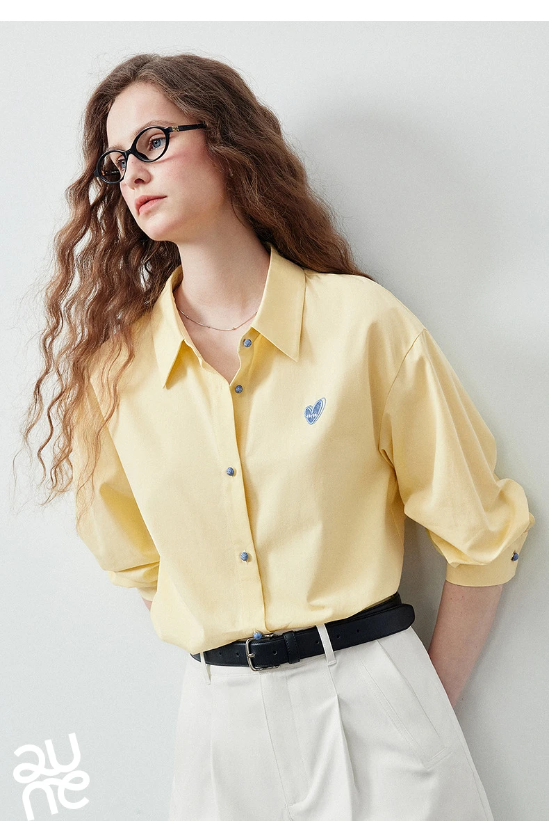 TOYOUTH Women's Color Block Heart Embroidery Blouse 2026 Summer New Pure Cotton Loose Button Down Morandi Color Daily Wear Top