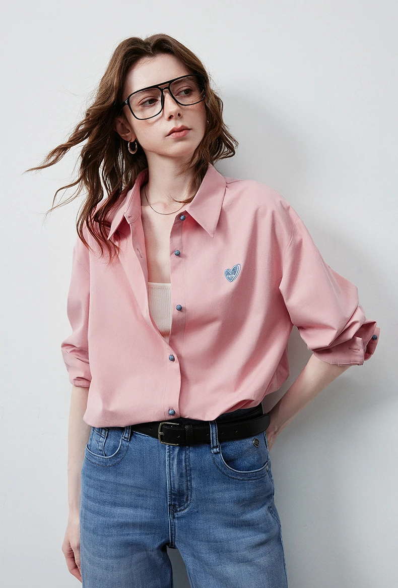 TOYOUTH Women's Color Block Heart Embroidery Blouse 2026 Summer New Pure Cotton Loose Button Down Morandi Color Daily Wear Top