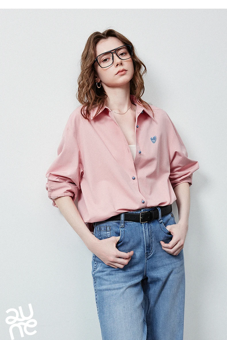 TOYOUTH Women's Color Block Heart Embroidery Blouse 2026 Summer New Pure Cotton Loose Button Down Morandi Color Daily Wear Top